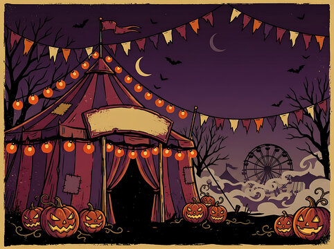 Halloween circus tent illustration with pumpkins and bats against a spooky purple night sky