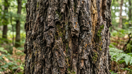 Obraz premium Close-up of rough tree bark texture. Detailed forest wood surface with natural patterns.