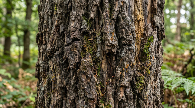 Close-up of rough tree bark texture. Detailed forest wood surface with natural patterns.