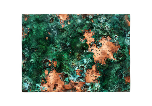 A rectangular sheet of oxidized copper metal with green patina corrosion patterns and shiny metallic sections transparent background