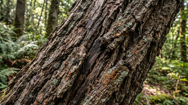 Tree bark texture with deep ridges. Close up of rough wooden surface in a forest.