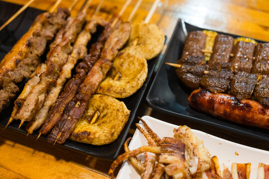 Assorted barbecue meat skewers and seafood in taiwan