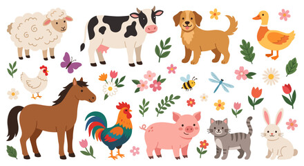 Fototapeta premium Domestic farm animal collection with cow horse pig sheep chicken rooster duck dog cat and rabbit