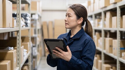 Fototapeta premium 物流倉庫でタブレット端末を見ながら棚卸しを行う日本人女性の物流スタッフ