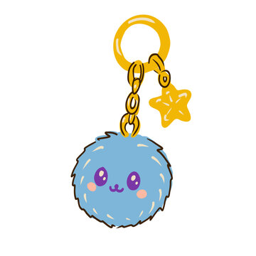 Hand drawn vector illustration of a cute fluffy pom pom keychain isolated on white background.
