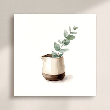 Minimalist eucalyptus branch in ceramic vase, botanical art print on wall