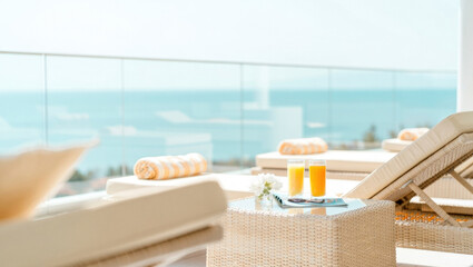 Obraz na płótnie Canvas Poolside loungers arranged with rolled towels and glasses of orange juice on a wicker table overlooking the sea. Bright relaxed resort setting with soft neutral tones and copy space.