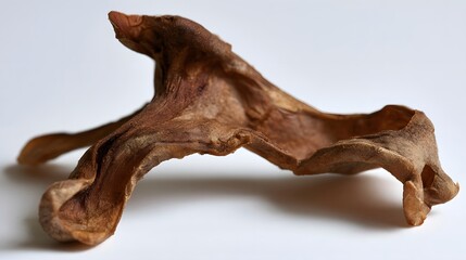 Fototapeta premium Dried tamarind peel with textured surface and warm brown tones resting on a clean white background under soft lighting