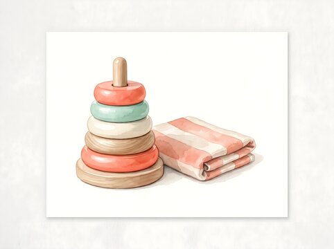Wooden stacking rings toy, pastel baby nursery decor, soft cotton blanket
