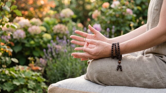 Woman practicing meditation yoga mudra hand gesture sitting on cushion in lush green garden with blooming flowers, mindfulness relaxation wellness self-care mental health