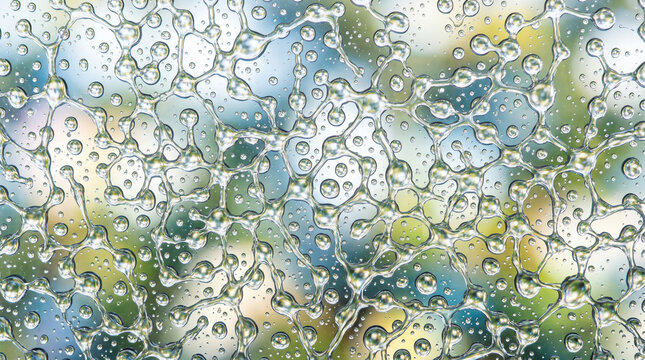 Water droplets on glass surface. Rain drops texture with soft colorful bokeh background.
