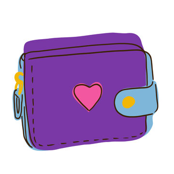 Hand drawn vector illustration of a purple wallet with pink heart isolated on white background.
