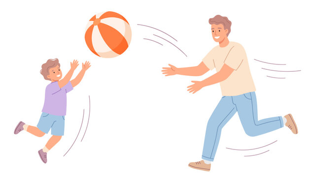 Father and son playing with beach ball together outdoors