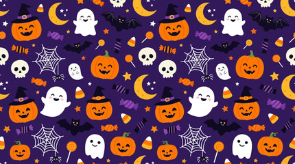 Obraz premium Seamless Halloween Vector Pattern with Pumpkins, Bats, Ghosts, Skulls, Spider Webs, Candy, Crescent Moons and Stars