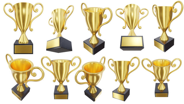 Gold Trophy Cup Award Multiple Angles 3D Render Set