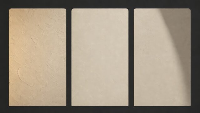 Set of 3 plaster wall background variations side by side, neutral beige texture collection in three different light situations with copy space for poster, web hero and presentation design
