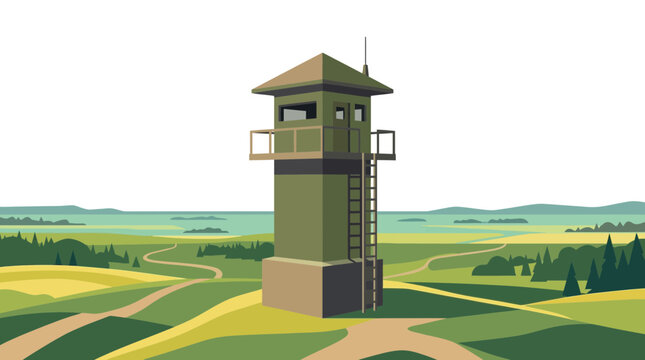 Flat vector illustration of an observation watchtower in nature