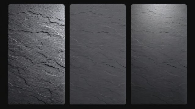 Set of 3 slate stone background variations side by side, dark mineral texture collection in three different light situations with copy space for poster, banner and presentation design