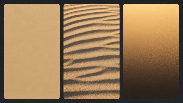 Set of 3 sand texture background variations side by side, warm neutral collection in three different light situations with copy space for poster, web hero and presentation design