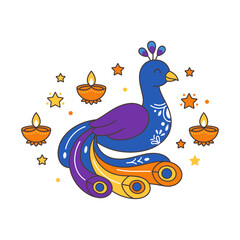 Obraz premium Vector illustration of peacock surrounded by diwali diyas, Isolated on white