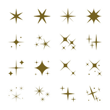 Gold star sparkle icon set with cluster accents on white background