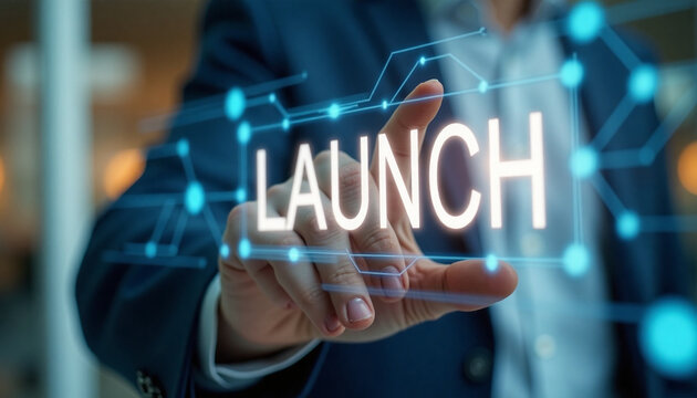 hand pushing a Launch button on a touch screen interface or hologram. Business project start or launch