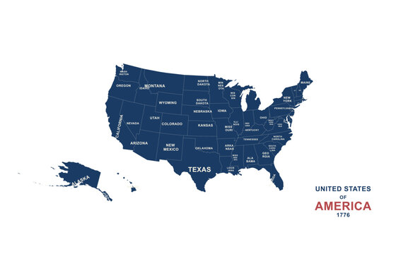 Detailed Dark Blue Map of the United States with State Names and Boundaries, American Geography, Regional Cartography and National Map Design
