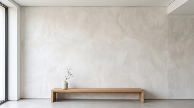 White microcement wall background. Minimalist interior with wooden bench and vase.