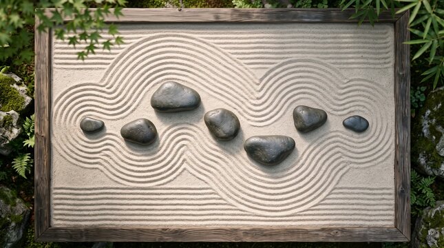Zen garden sand raked with smooth river stones