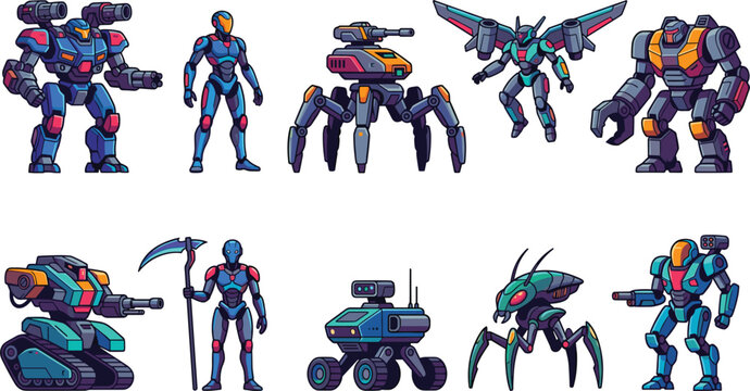 Robots Set in Various Poses and Designs, Showcasing Futuristic Armor