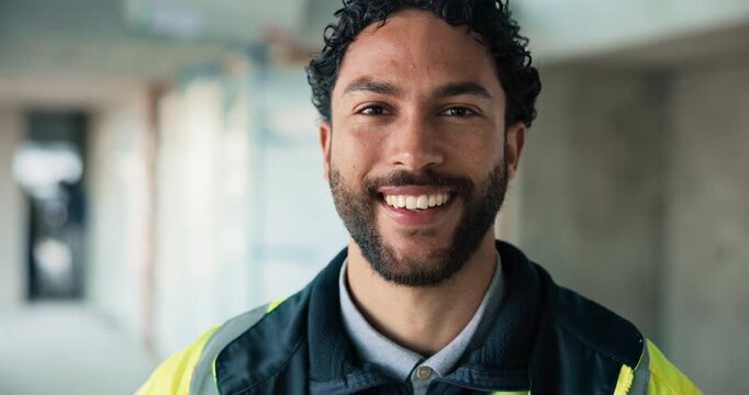 Construction, face and man on site with smile, contractor and career pride in building renovation. Ambition, portrait and happy engineer with laugh, handyman and confidence in remodeling industry.