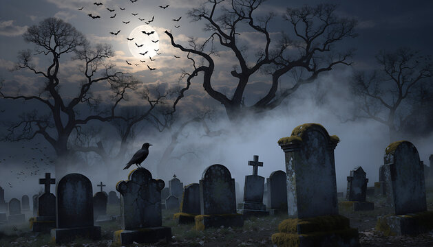 Abandoned cemetery at night with full moon, spooky fog, and a crow on a gravestone.