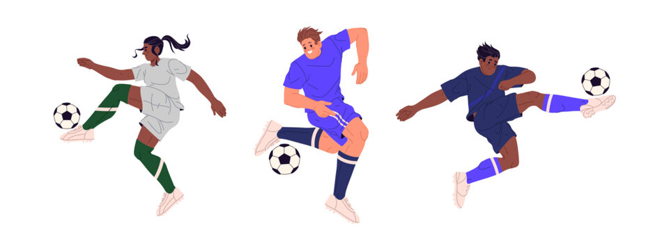 Soccer player playing football, reaching ball in air. Vector isolated set of man and woman in team. People wearing uniform, professional athletes in motion, jumping and running, exercising on field