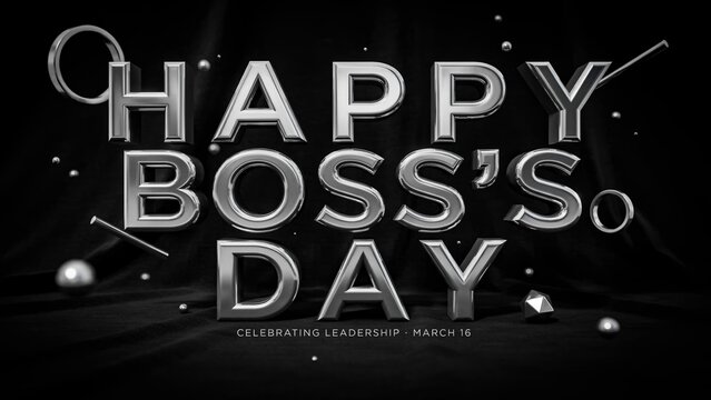 Happy Boss's Day metallic 3D text, silver chrome lettering on black silk background, professional leadership celebration banner