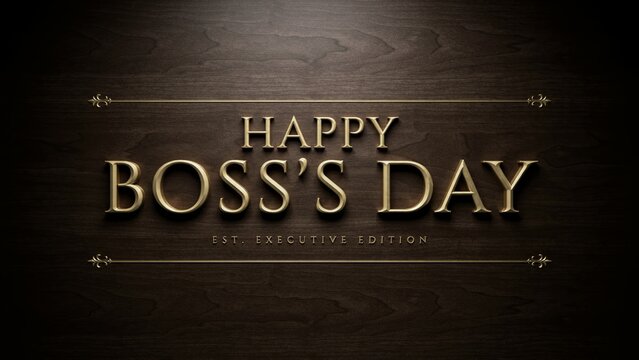 Elegant Happy Boss's Day typography on dark wood, executive edition greeting card, luxury gold lettering for corporate celebration