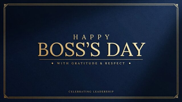 Elegant Happy Boss's Day greeting card, professional gold typography on navy blue background, corporate leadership appreciation banner