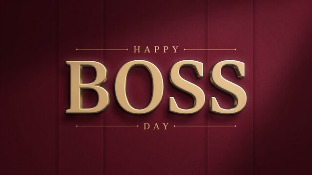 Happy Boss Day elegant greeting card, gold 3D lettering on burgundy wood background, professional corporate celebration banner