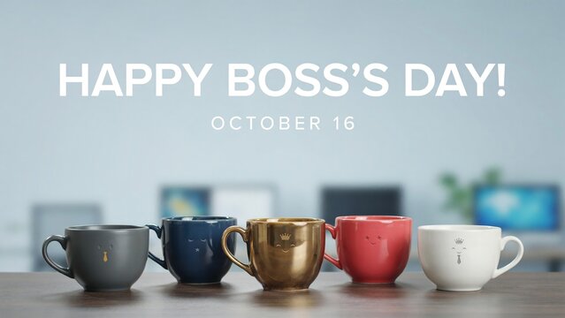 Happy Boss's Day greeting with colorful coffee mugs. October 16 celebration message for office staff. Professional corporate appreciation banner.