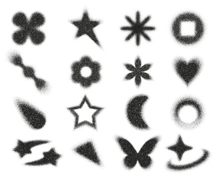 Monochrome Y2K abstract forms. Heart, crescent moon and stars, flowers and geometric shapes with grain texture and soft blur. Vector composition in retro digital aesthetics for branding and posters