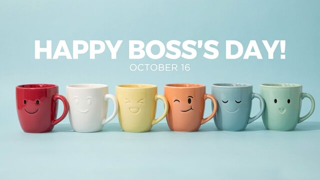 Happy Boss's Day greeting card, colorful coffee mugs with smiley faces, October 16 celebration banner for office culture