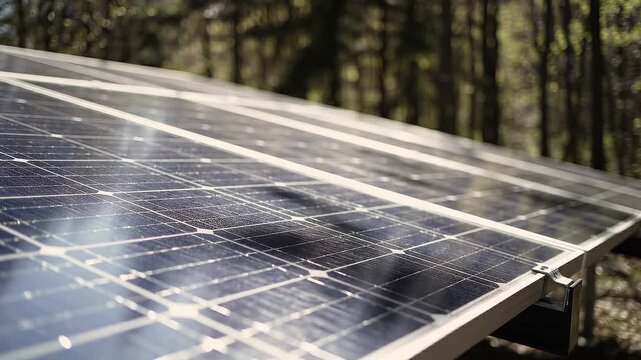 Static close-up of solar panel surface with dancing leaf shadows moving across photovoltaic cells in sunlight