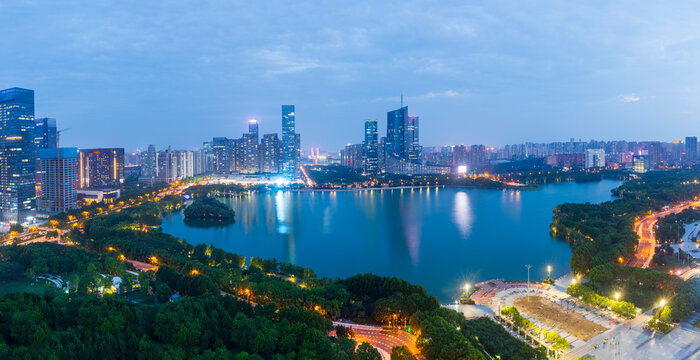 Night view of Swan Lake and the CBD business district skyline in Hefei, China.