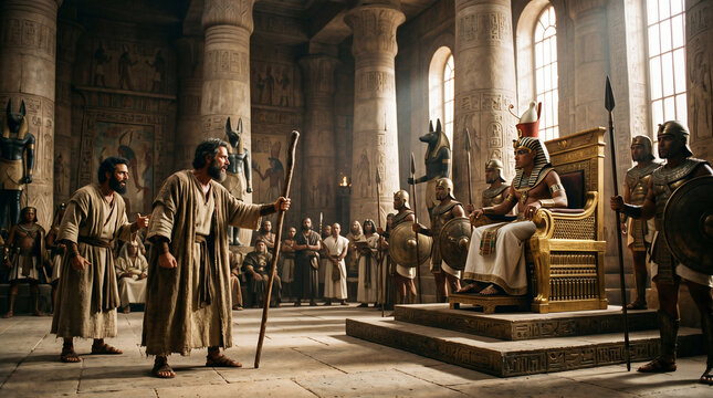 Moses and Aaron standing boldly before a furious Pharaoh, demanding "Let my people go" in the grand throne room