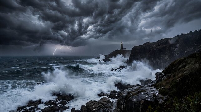 Glowing lighthouse stands amidst massive stormy waves during a dark tempest