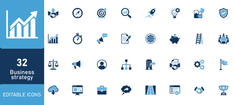 Comprehensive business and finance icon set featuring professional vector illustrations for corporate website design and digital marketing projects