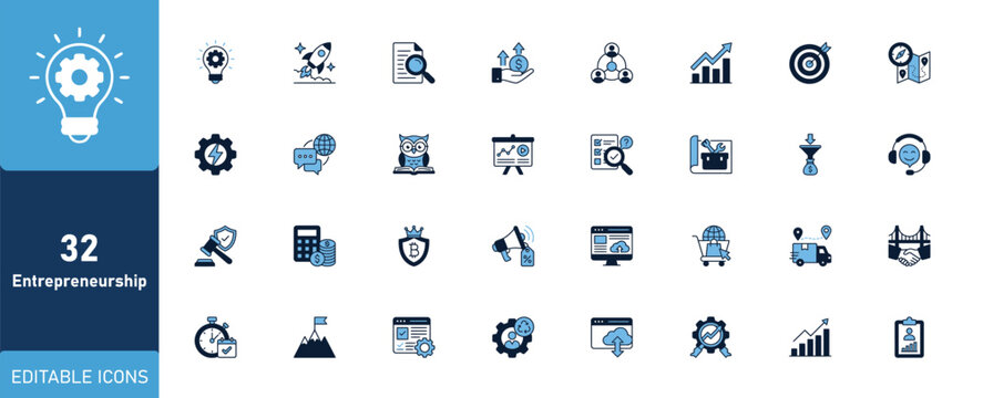Comprehensive business and technology icon set featuring thirty two professional vector graphics for digital interface design projects