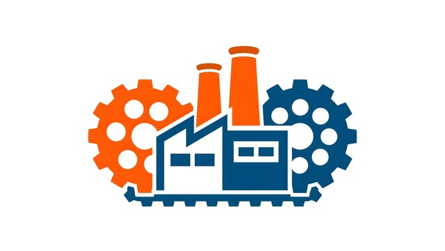 Modern Minimalist Industrial Logo Presentation Background, Factory Silhouettes Geometric Gears Bold Orange Dark Blue Copy Space Vector Design