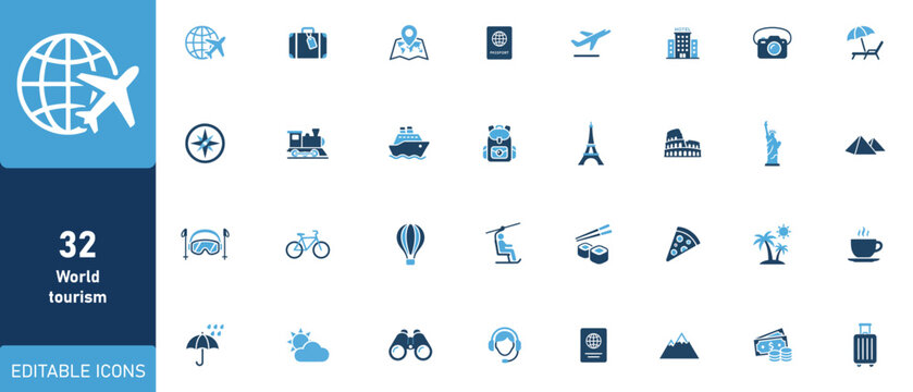 Comprehensive travel and tourism icon set featuring various transportation modes and global landmarks for modern digital design projects