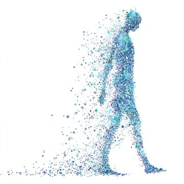 Man dissolving into particles with transparent background