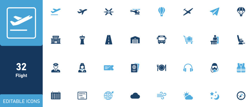 Comprehensive aviation and airport travel icon set featuring various symbols for flight planning and airline passenger services